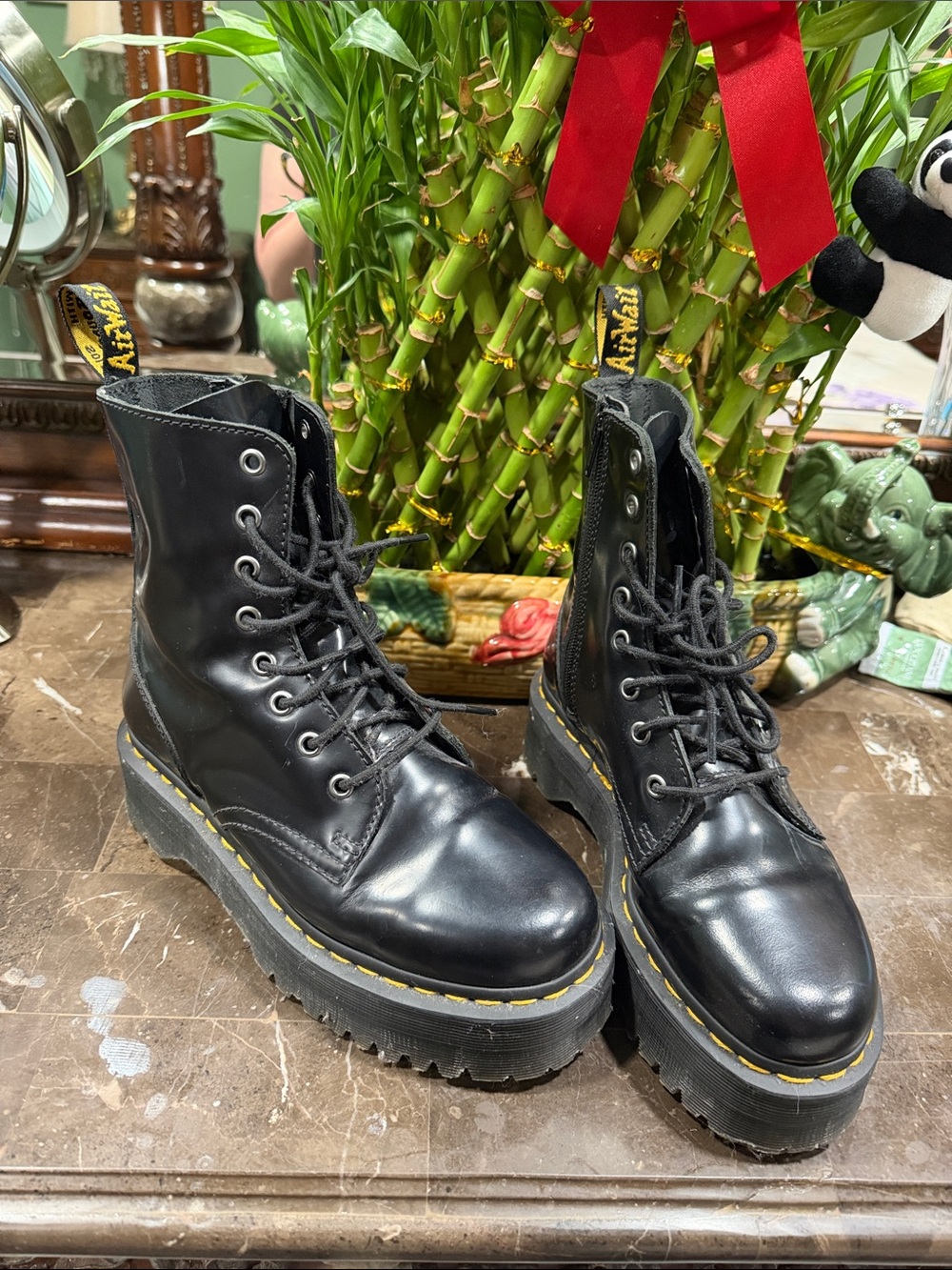 Dr. Martens Black Leather Platform Lace-Up Boots with Yellow Stitching
